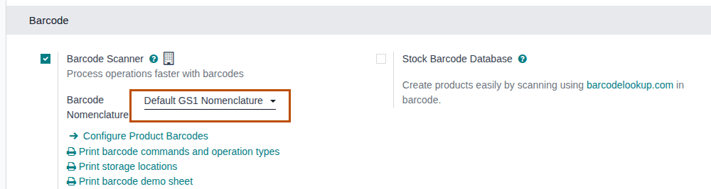 Screenshot of the Barcode block of the Inventory settings. The Barcode Nomenclature field is outlined.