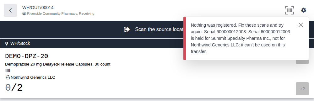 Screenshot of the red notification refusing Summit's serial 600000012003 on Northwind's delivery: held for Summit, not for Northwind.
