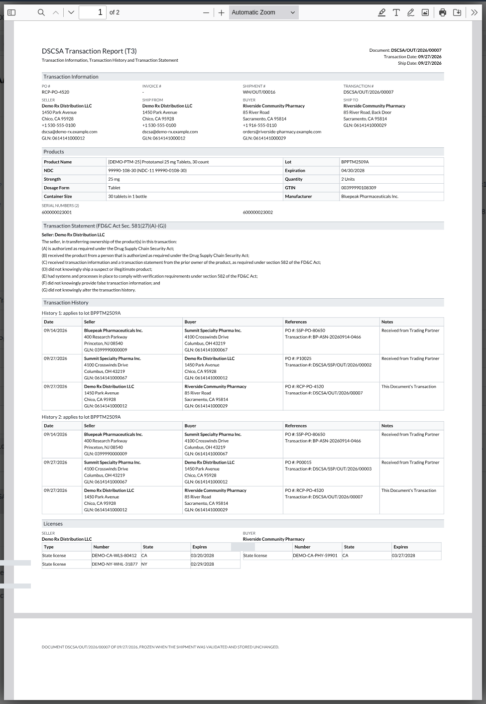 Screenshot of the T3 report of DSCSA/OUT/2026/00007: two transaction histories, each with three hops from Bluepeak to Riverside.