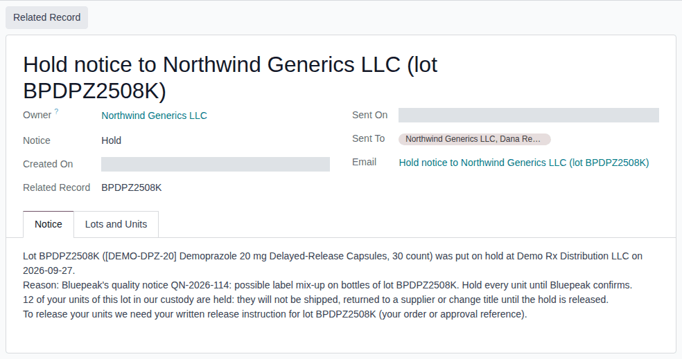 Screenshot of a hold notice to Northwind Generics LLC for lot BPDPZ2508K, with the Notice tab showing the text the owner received.
