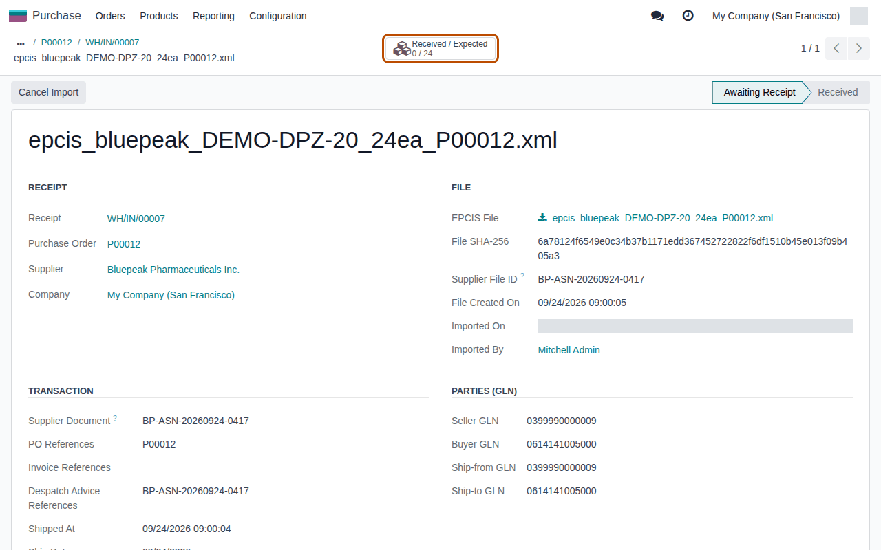 Screenshot of the imported supplier EPCIS file, Awaiting Receipt; the Received / Expected smart button, 0 / 24, is outlined.