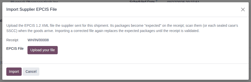 Screenshot of the Import Supplier EPCIS File dialog opened from a receipt, with the Receipt field and the Upload your file button.