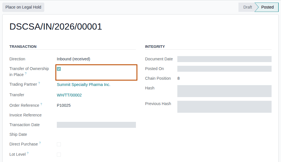Screenshot of the in-place inbound document DSCSA/IN/2026/00001: Transfer of Ownership in Place outlined, Ship Date empty.