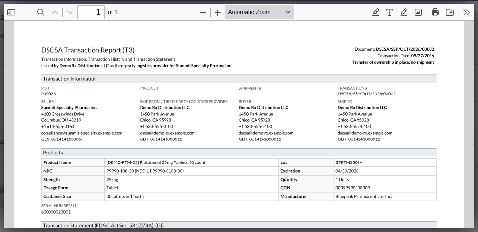 Screenshot of the T3 report of DSCSA/SSP/OUT/2026/00002 in the file viewer, showing Transfer of ownership in place, no shipment.