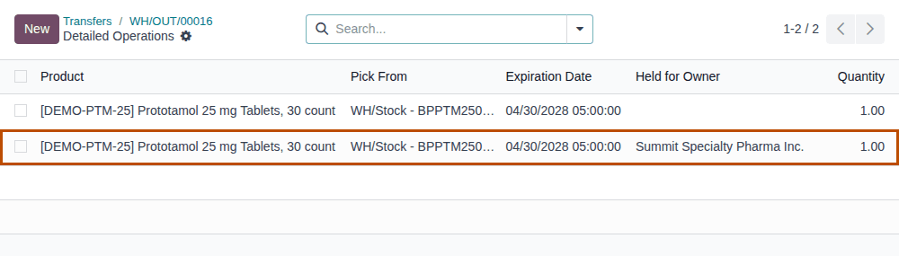 Screenshot of the Detailed Operations list of WH/OUT/00016: one own line and one line held for Summit Specialty Pharma, outlined.