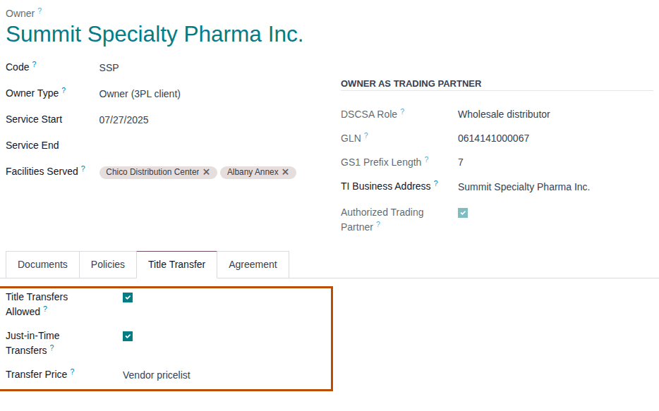 Screenshot of Summit Specialty Pharma's owner profile, Title Transfer tab: both options selected and Transfer Price outlined.