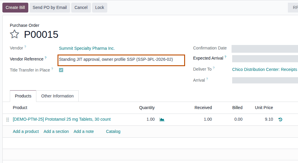 Screenshot of purchase order P00015 to Summit Specialty Pharma with its Vendor Reference outlined and 1 Prototamol received at 9.10.