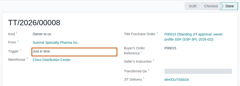 Screenshot of the done title transfer TT/2026/00008 from Summit with Trigger Just in time outlined and JIT Delivery WH/OUT/00016.