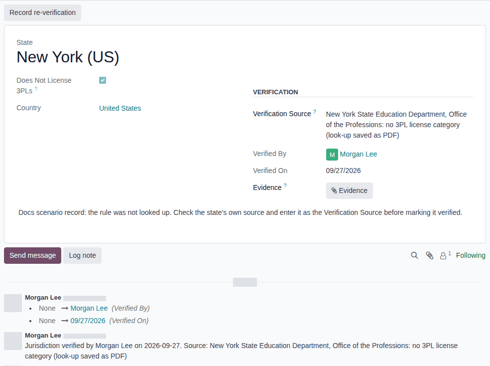 Screenshot of the verified New York jurisdiction record: Does Not License 3PLs selected and the verification line in the chatter.