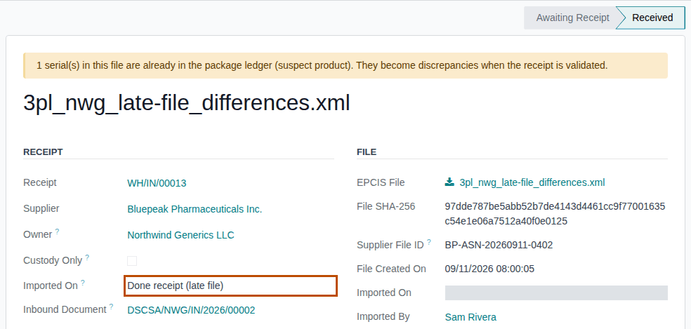 Screenshot of a supplier EPCIS file attached to done receipt WH/IN/00013: Imported On shows Done receipt (late file).