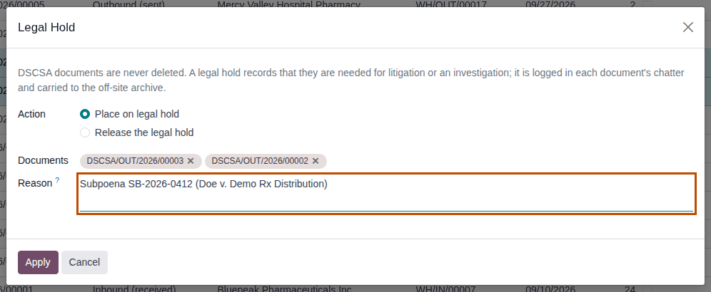 Screenshot of the Legal Hold dialog: Place on legal hold, two documents, and the reason. The Reason field is outlined.