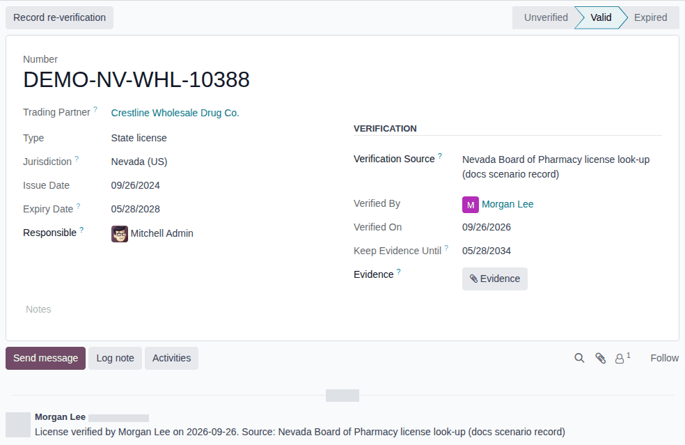 Screenshot of a license after Mark verified: the status bar at Valid and the chatter line saying who verified it and where.