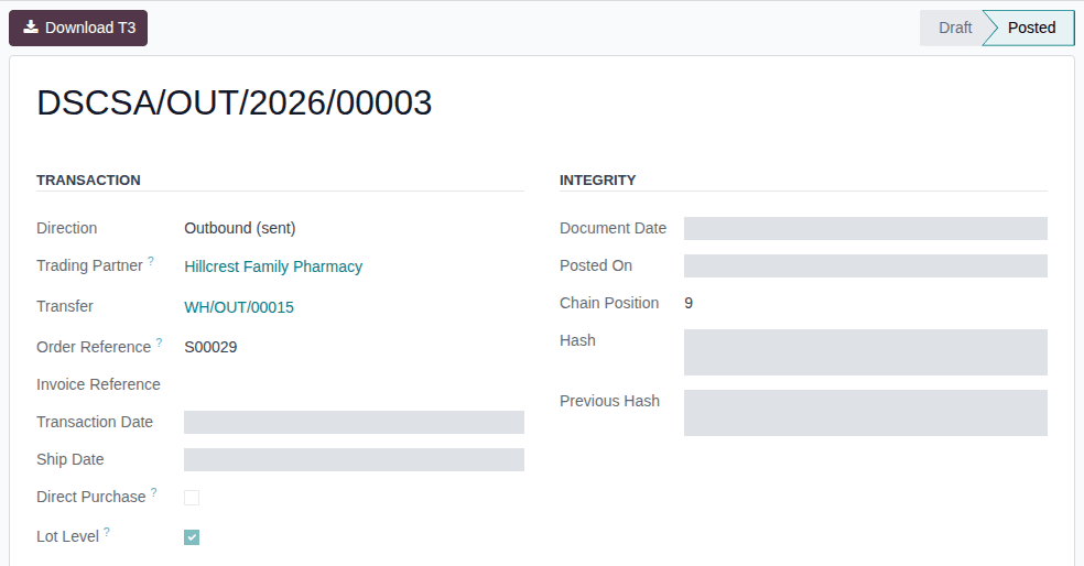 Screenshot of a lot-level DSCSA document for Hillcrest Family Pharmacy: Lot Level selected, only Download T3 in the header.