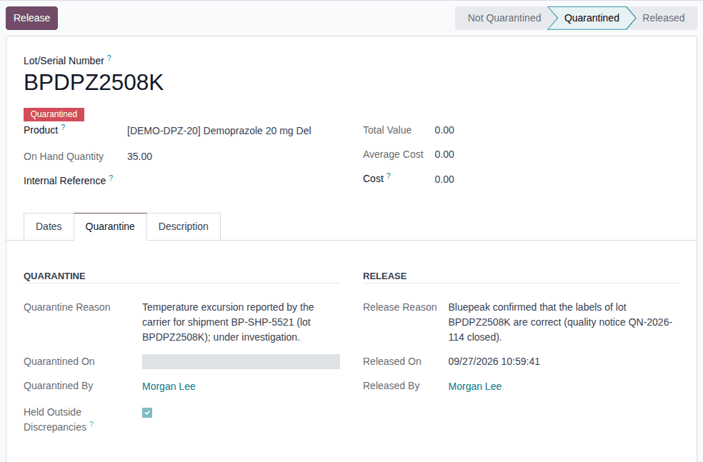 Screenshot of lot BPDPZ2508K after the hold: Quarantined, with the reason and Morgan Lee on the Quarantine tab.