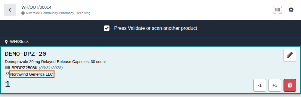 Screenshot of Northwind's delivery in the Barcode app after a lot scan: lot BPDPZ2508K pre-filled with Northwind Generics LLC.