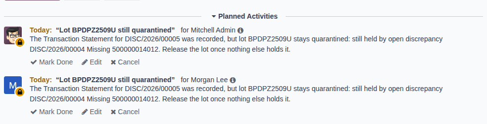 Screenshot of a lot's planned activities: Lot BPDPZ2509U still quarantined, for each Rx Tracking manager, with the note.