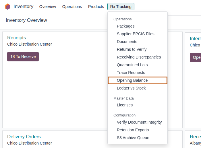Screenshot of the Rx Tracking dropdown for an Rx Tracking Manager, with Opening Balance, Ledger vs Stock and Configuration.