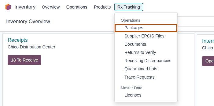 Screenshot of the Rx Tracking dropdown for an Rx Tracking User: the Operations and Master Data sections only. Packages is outlined.