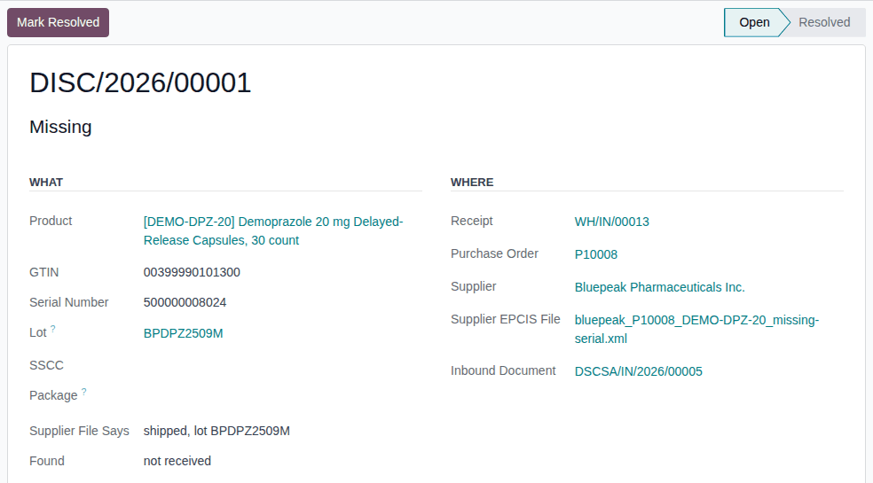 Screenshot of a Missing discrepancy: serial 500000008024 shipped in lot BPDPZ2509M but not received, with its receipt and file.