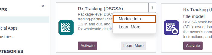 Screenshot of the Rx Tracking (DSCSA) card in Apps with its menu open. The Module Info item is outlined.