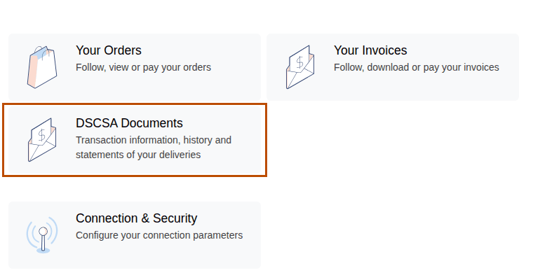 Screenshot of the portal's My account page with its cards. The DSCSA Documents card is outlined.
