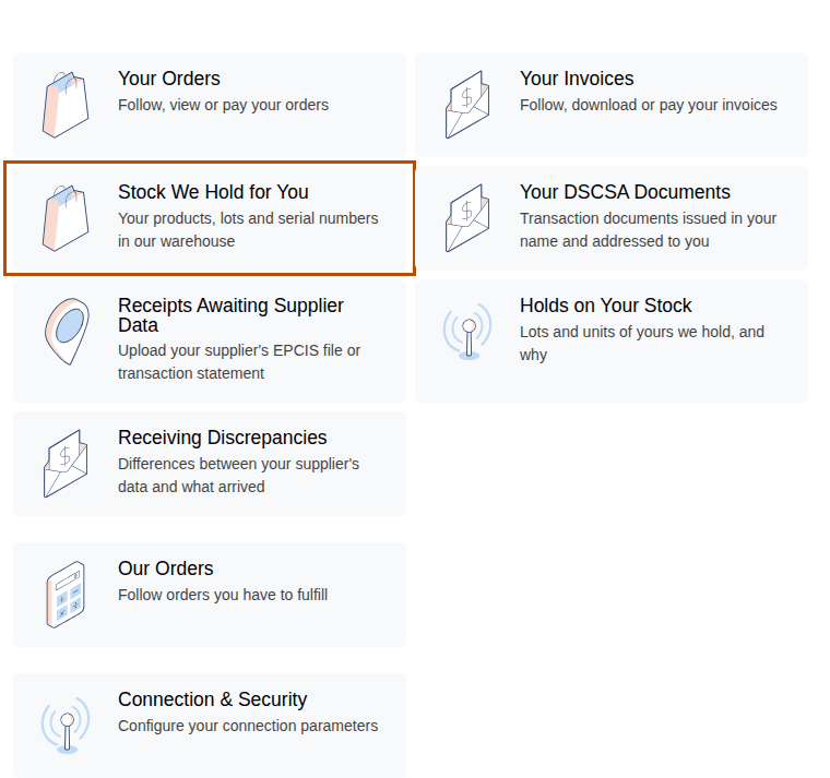 Screenshot of the portal's My account page with the five owner cards. The Stock We Hold for You card is outlined.