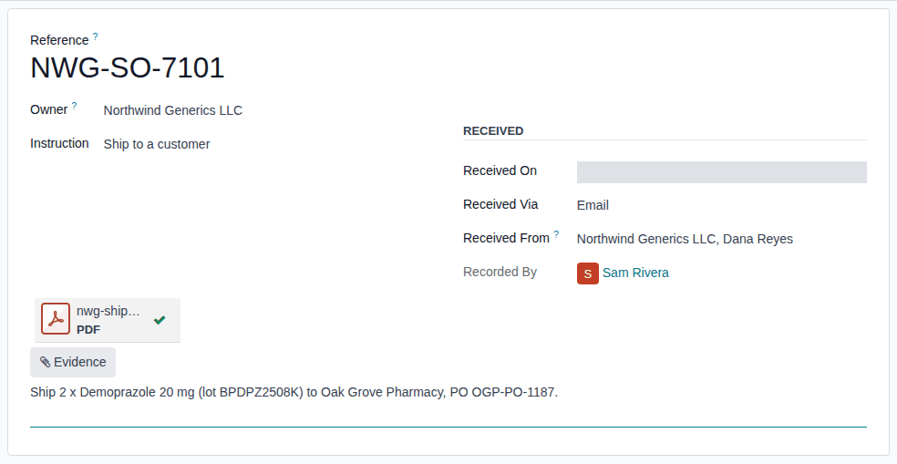 Screenshot of a new owner instruction NWG-SO-7101 of Northwind Generics, Ship to a customer, from Dana Reyes, with its evidence file.