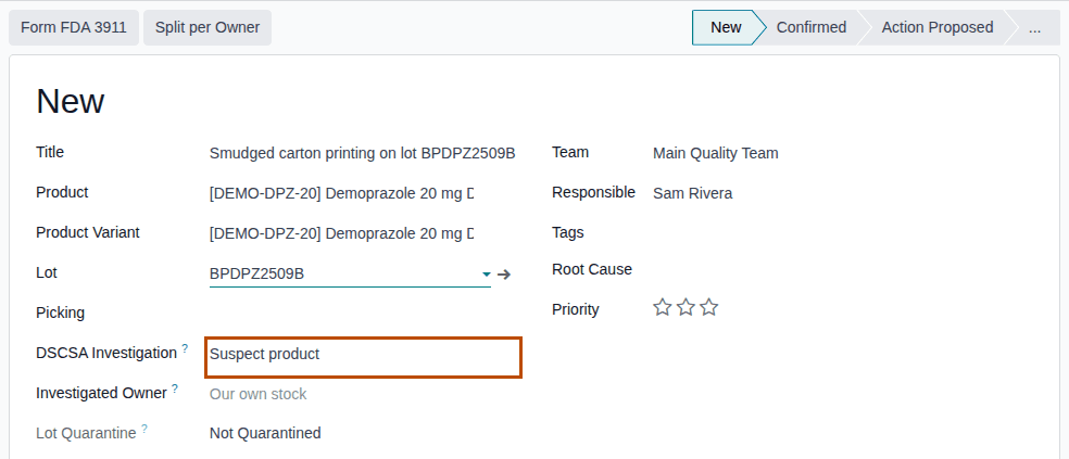 Screenshot of a new investigation of lot BPDPZ2509B with DSCSA Investigation set to Suspect product. That field is outlined.