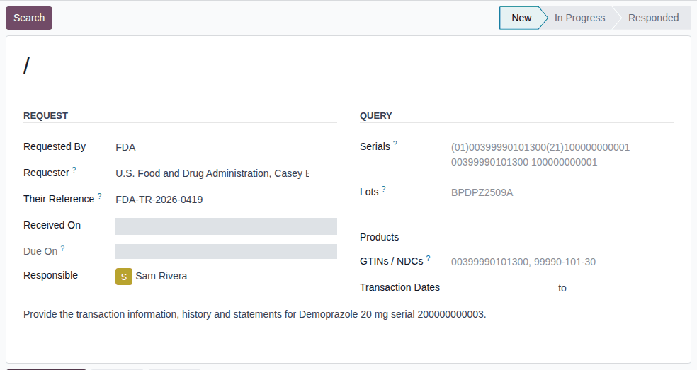Screenshot of a new trace request filled in for the FDA, reference FDA-TR-2026-0419, responsible Sam Rivera, with the request text.