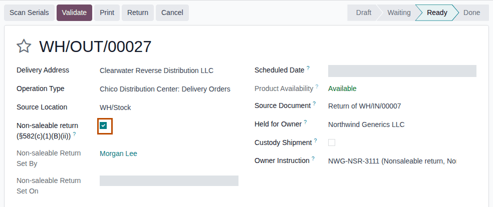 Screenshot of the return to Clearwater Reverse Distribution LLC, with Non-saleable return selected and the owner's Nonsaleable return instruction.