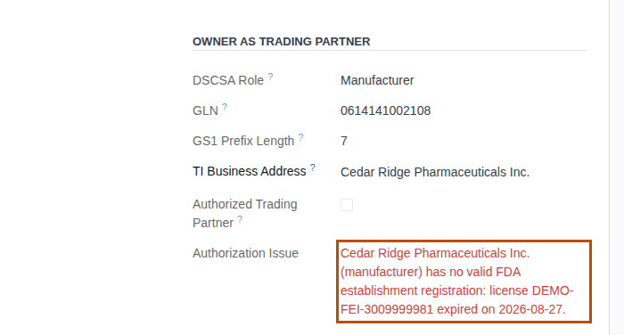 Screenshot of Cedar Ridge's Owner as trading partner group: Authorized Trading Partner cleared. The red reason is outlined.