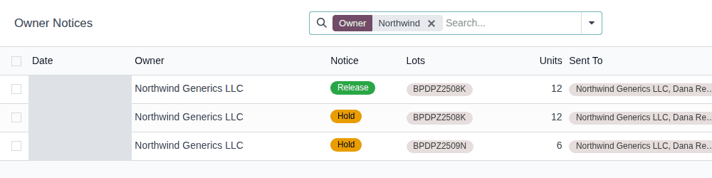 Screenshot of the Owner Notices list filtered on Northwind: two hold notices and a release notice, each with its lot, units and contacts.