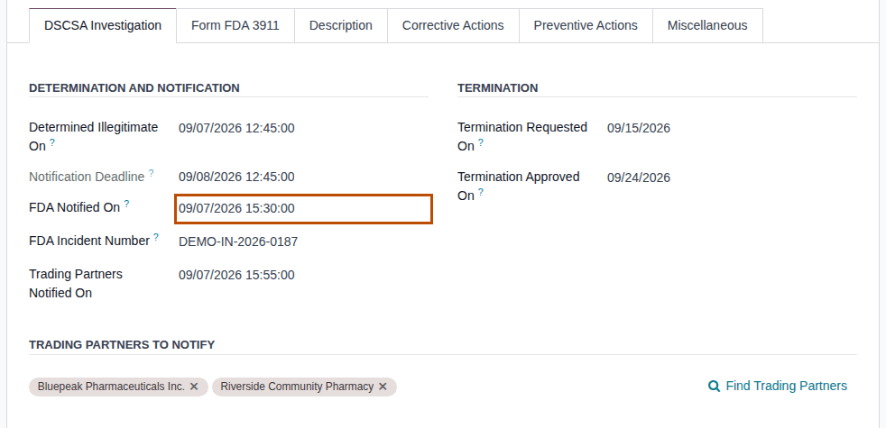 Screenshot of the DSCSA Investigation tab of QA00011 with the determination, the notification dates and the incident number.