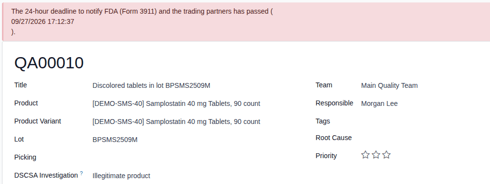 Screenshot of investigation QA00010 with the red banner saying the 24-hour deadline has passed.