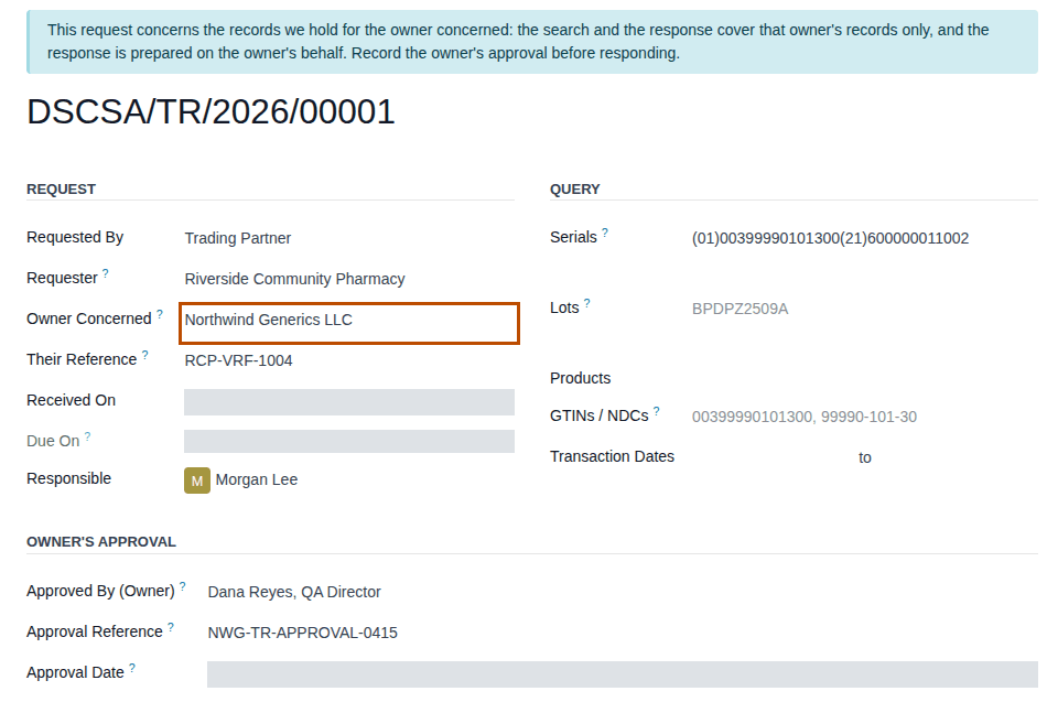 Screenshot of a trace request with the blue banner and the Owner's Approval group filled in. Owner Concerned is outlined.