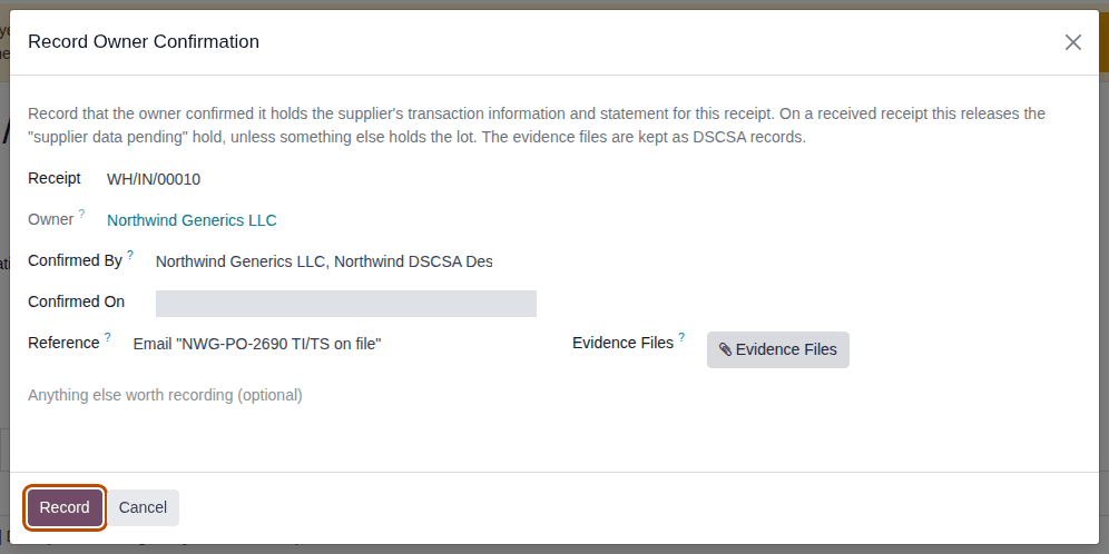Screenshot of the Record Owner Confirmation window filled in for a Northwind receipt. The Record button is outlined.