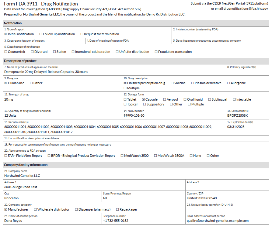 Screenshot of the Form FDA 3911 data sheet of Northwind's investigation, with the line Prepared for Northwind Generics LLC.