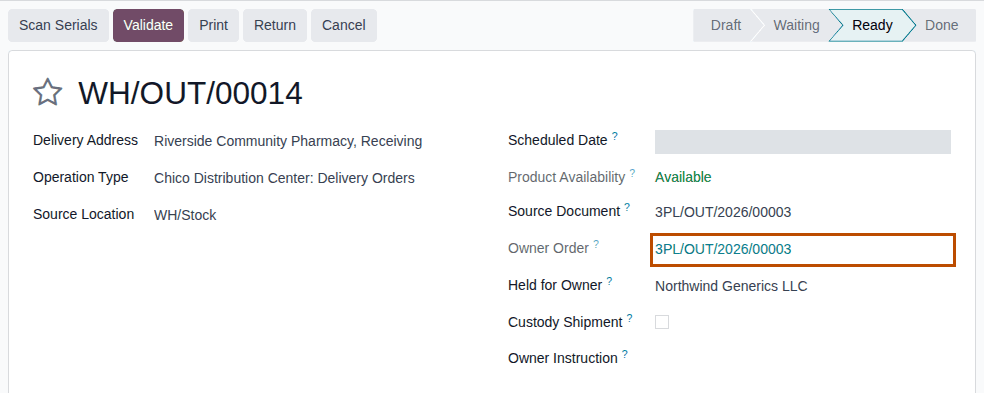 Screenshot of a Ready delivery held for Northwind Generics LLC, with its Owner Order field outlined.