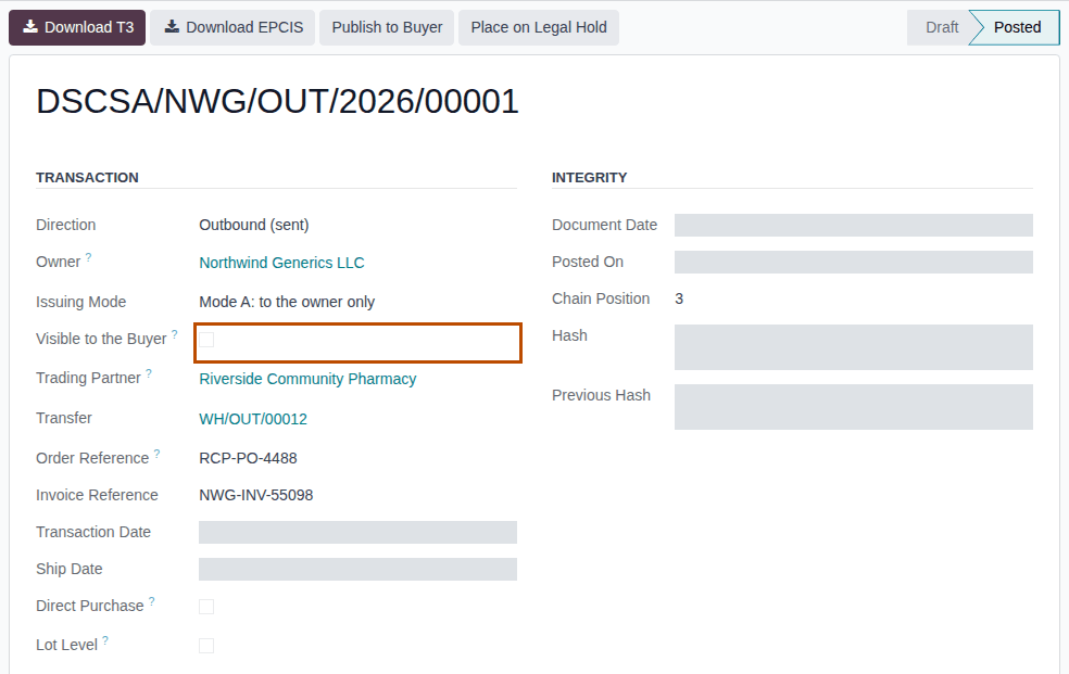 Screenshot of the owner document DSCSA/NWG/OUT/2026/00001 in mode A. The Visible to the Buyer field, cleared, is outlined.