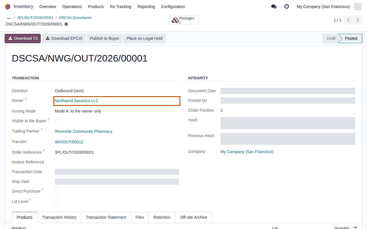 Screenshot of the posted owner document DSCSA/NWG/OUT/2026/00001 to Riverside; the Owner field, Northwind Generics LLC, is outlined.
