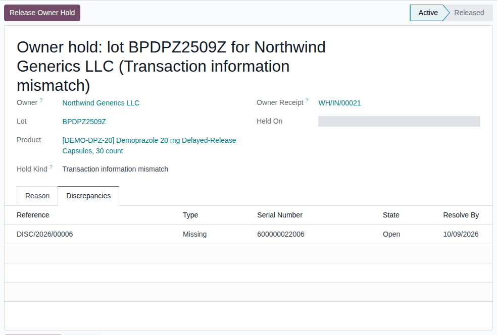 Screenshot of the owner hold of lot BPDPZ2509Z for Northwind Generics LLC, with its Discrepancies tab listing one Missing discrepancy.
