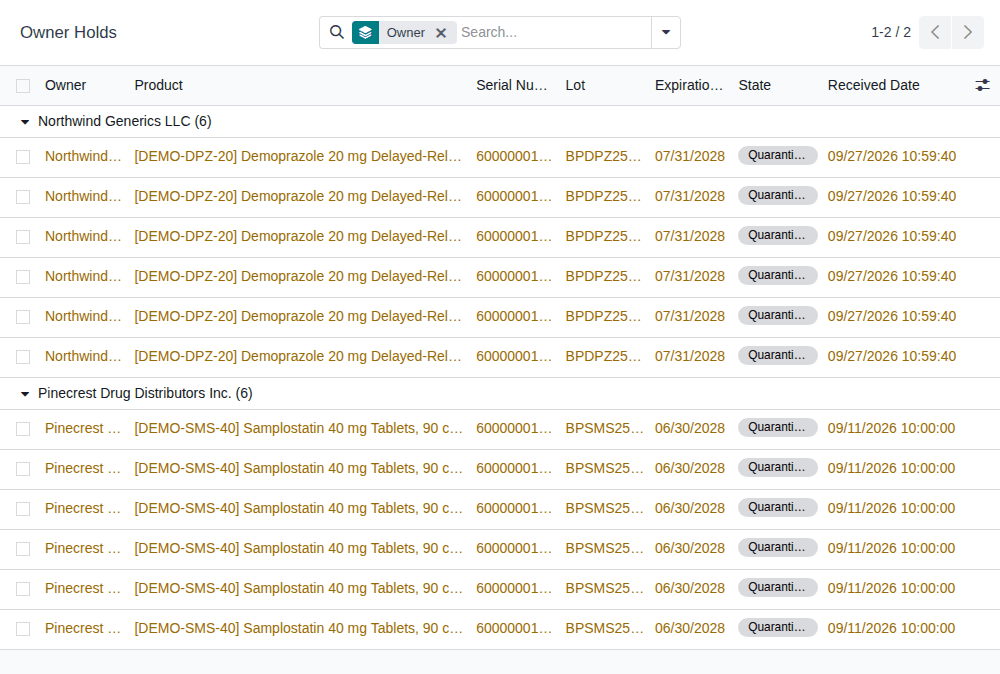 Screenshot of Owner Holds in the 3PL Reports section: Northwind's and Pinecrest's six quarantined units each, grouped by owner.