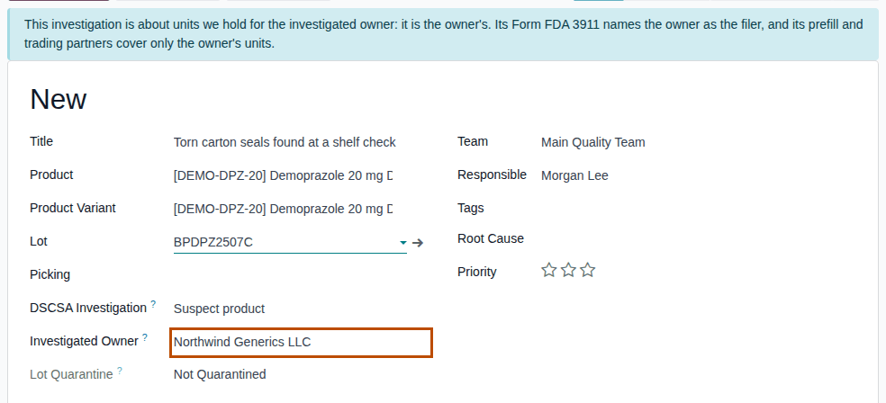 Screenshot of a new investigation of lot BPDPZ2507C with the blue owner banner. Investigated Owner Northwind Generics LLC is outlined.