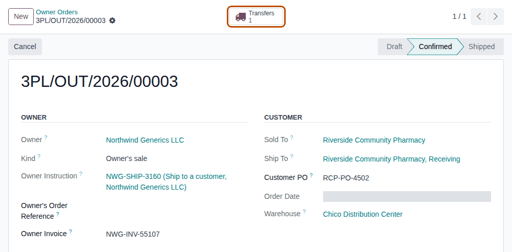 Screenshot of a confirmed Northwind owner order with its Transfers smart button, which is outlined.