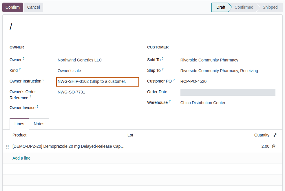 Screenshot of a new Northwind owner order in Draft, with owner, instruction, customer and one line. Owner Instruction is outlined.