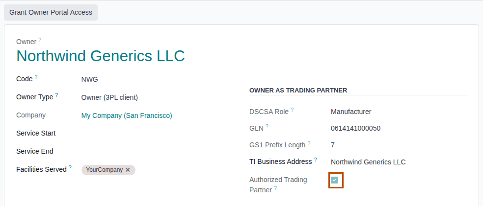 Screenshot of Northwind's new owner profile, code NWG, serving the demo warehouse; Authorized Trading Partner is outlined.