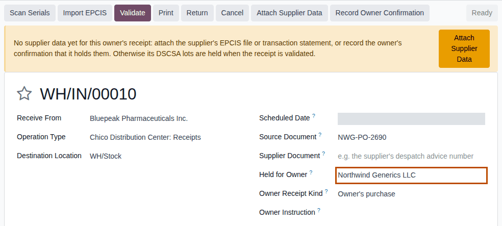 Screenshot of a Ready receipt held for Northwind Generics LLC under the yellow No supplier data yet banner. Held for Owner is outlined.