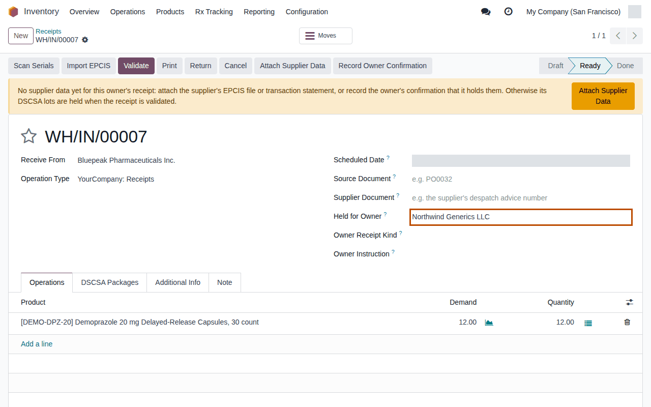 Screenshot of receipt WH/IN/00007 from Bluepeak, Ready, held for Northwind, under the yellow No supplier data yet banner; Held for Owner is outlined.