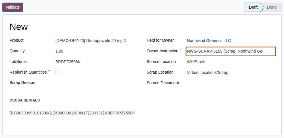 Screenshot of a new scrap of Demoprazole: Held for Owner Northwind Generics LLC, its Scrap instruction and one serial. Owner Instruction is outlined.