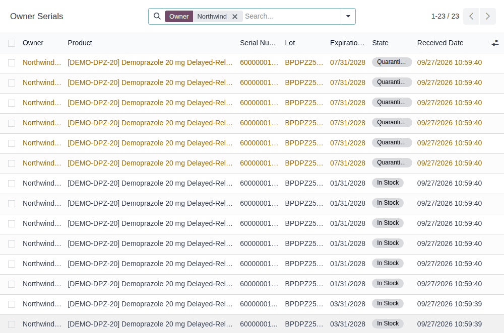 Screenshot of Owner Serials searched on the owner Northwind: six quarantined serials in orange, then In Stock serials.